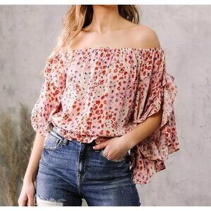 Willow & Root Floral On Off  Shoulder Ruffle Blouse Womens Small Pink Boho